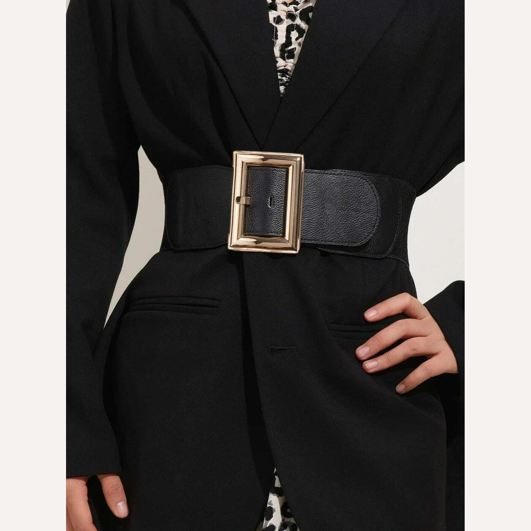 fitted trench coatWide Square Buckle Women's Elastic Waist Belt To Match Loose Fit Dresses, Coats, Sweaters, Trousers, Skirts