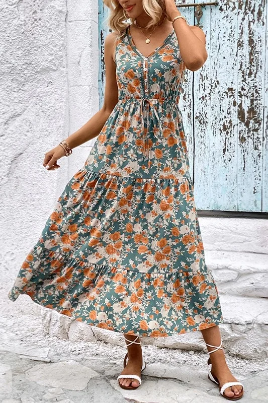 v-neck dressWOMEN FLORAL SLEEVELESS TIERED DRESS