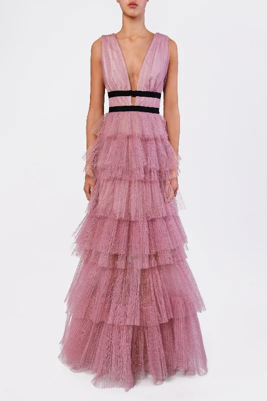 stylish party dressEliza Dark Pink Plunging Neck Layered Tulle Skirt Maxi-Dress