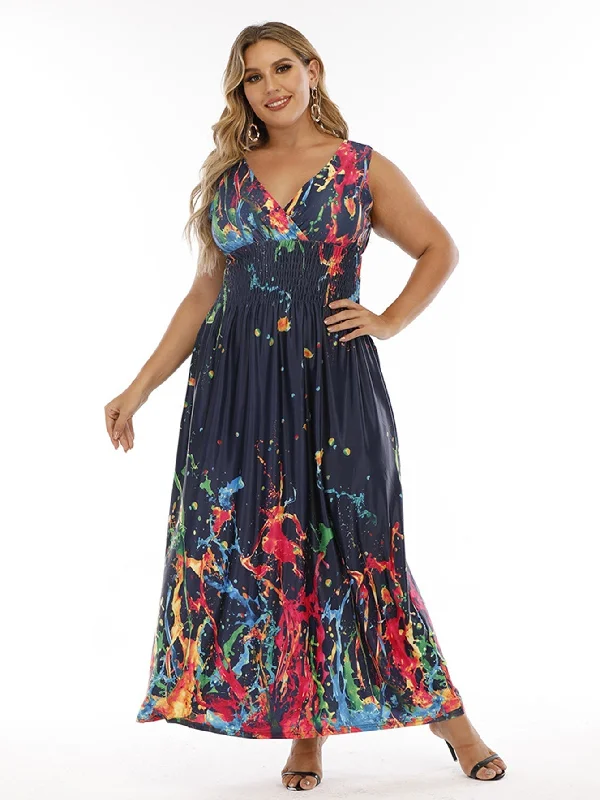 luxury dressKittenAlarm - Plus Size Double V-neck Print Smocked Waist Maxi Dress