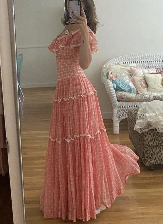 t-shirt dressLovely Pink Off Shoulder A-Line Long Prom Dress Fashion Vacation Dress, DP3378