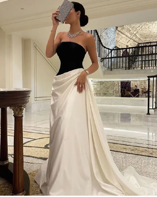 fitted cocktail dressBlack and White Strapless Long Prom Dress Evening Gown, DP2936