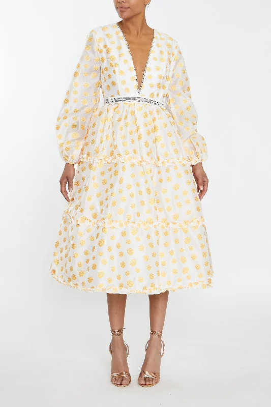 textured dressSunny Cream Mustard Jacquard Tiered Plunge Front Midi Dress