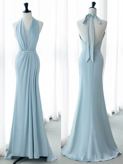 flowy evening dressLight Blue V Neck Halter Open Back Elegant Mermaid Long Prom Dress, DP3501