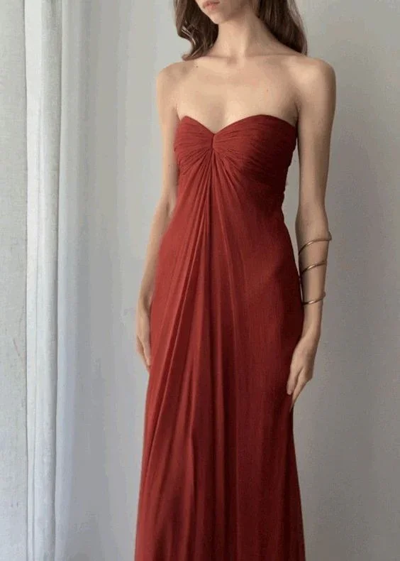 modern dressRust Red Strapless A-Line Simple Long Party Dress Fashion Summer Dress, DP2867