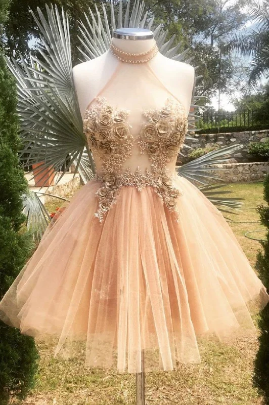 statement dressChampagne high neck tulle lace short prom dress tulle formal dress,DS2124