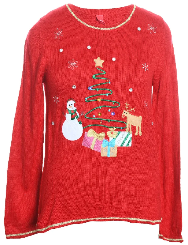 winter coatRed Embroidered Christmas Jumper - S