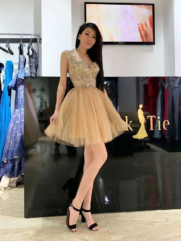 boho-chic dressGold Sweetheart Neck Tulle Short Graduation Homecoming Dress,DS3828