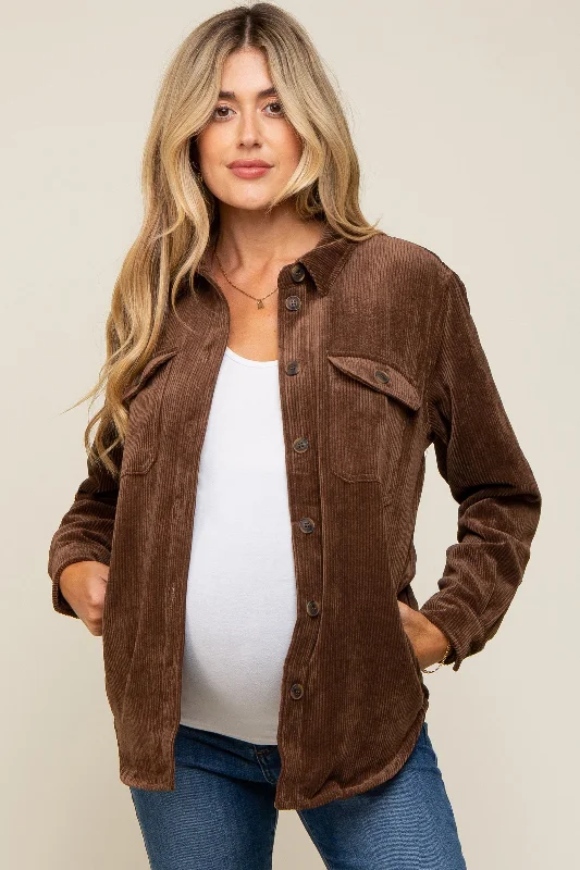 casual sports coatBrown Corduroy Plaid Fleece Lined Button Down Maternity Shacket