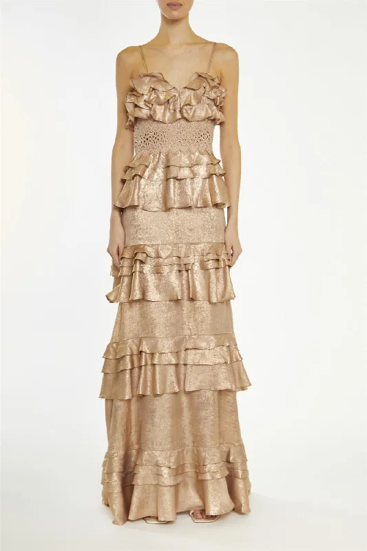 comfy dressSophia Dark-Metallic Copper Plunge Front Tiered Ruffle Maxi-Dress