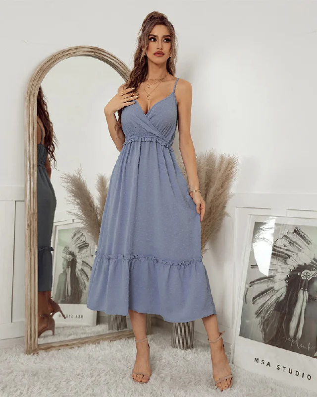 playful dressRemembered Always Swiss Dot Peplum Maxi Dress - Blue - FINAL SALE