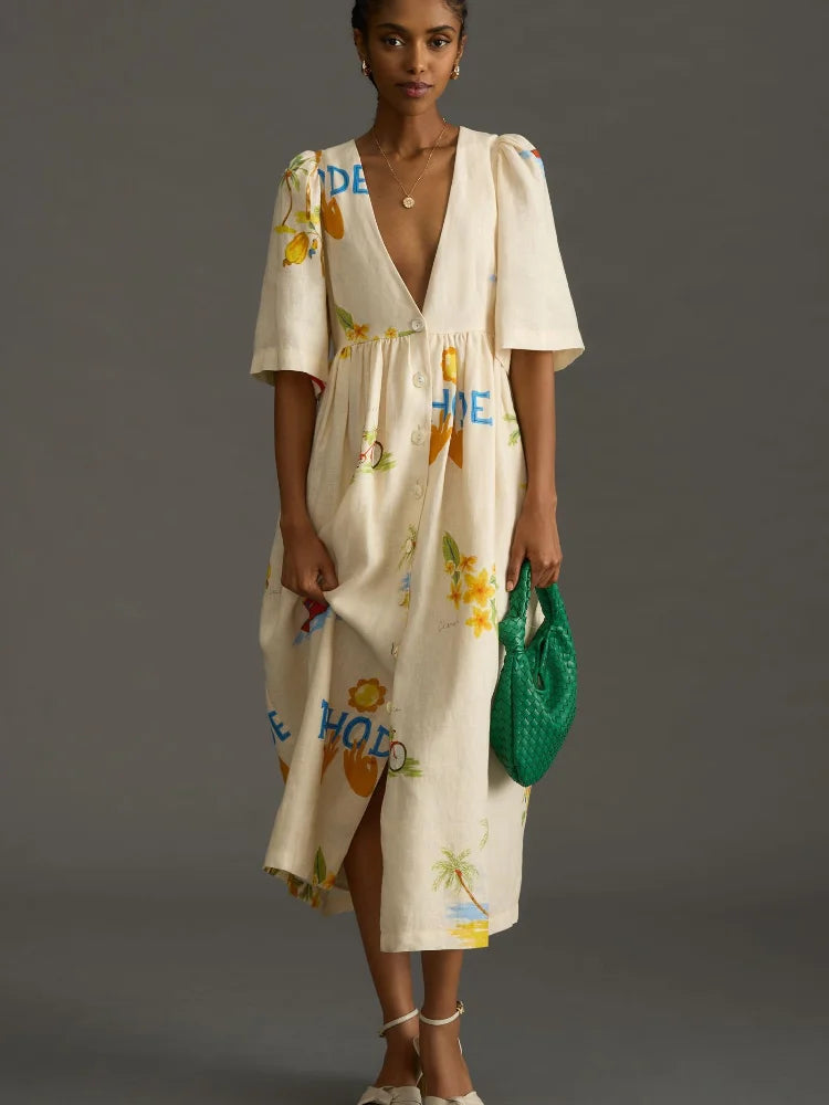 flowy evening dressDanica - Flattering printed linen midi dress