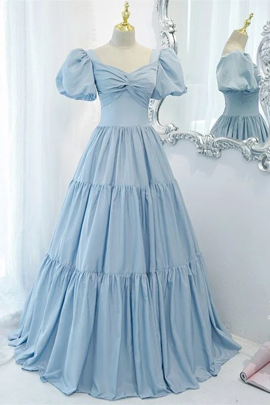 chic dressLight Blue A-line Long Formal Dress with Short Sleeves,DS3484