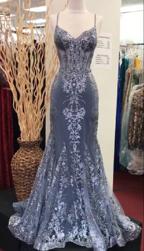 high-waisted dressGrey Blue Straps Mermaid Lace Tulle Long Prom Dress Evening Dress, DP2857