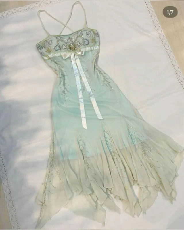 casual slip dressLight Blue Straps Beading Fairy Birthday Outfits Vintage Long Prom Dress, DP3300