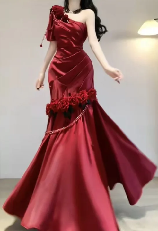 floral wrap dressRed Rose One Shoulder Mermaid Long Party Dress Birthday Dress, DP3076