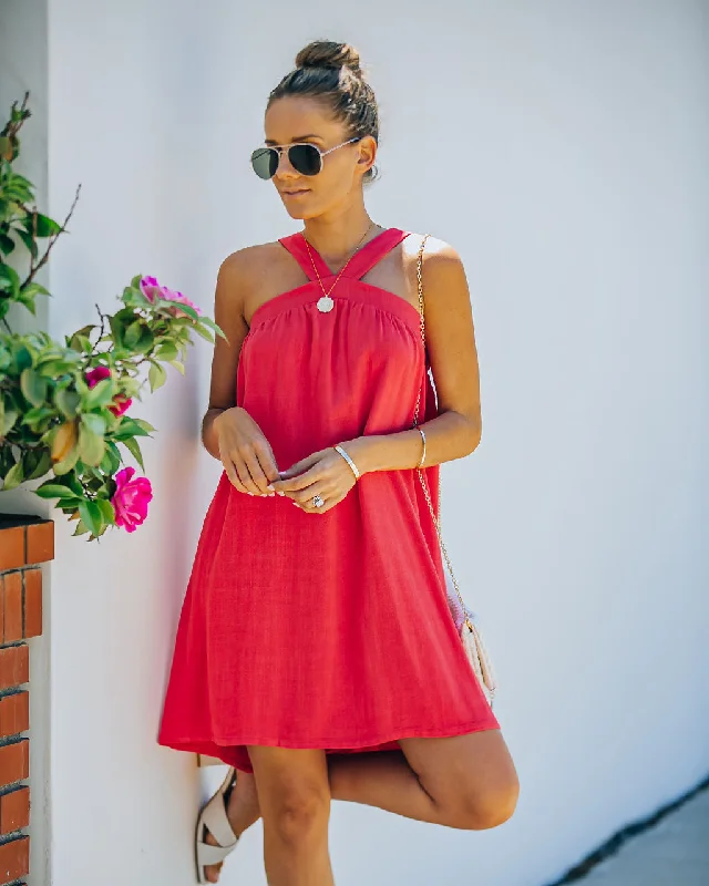 formal dressHot Fun Linen Blend Halter Dress - Hot Pink