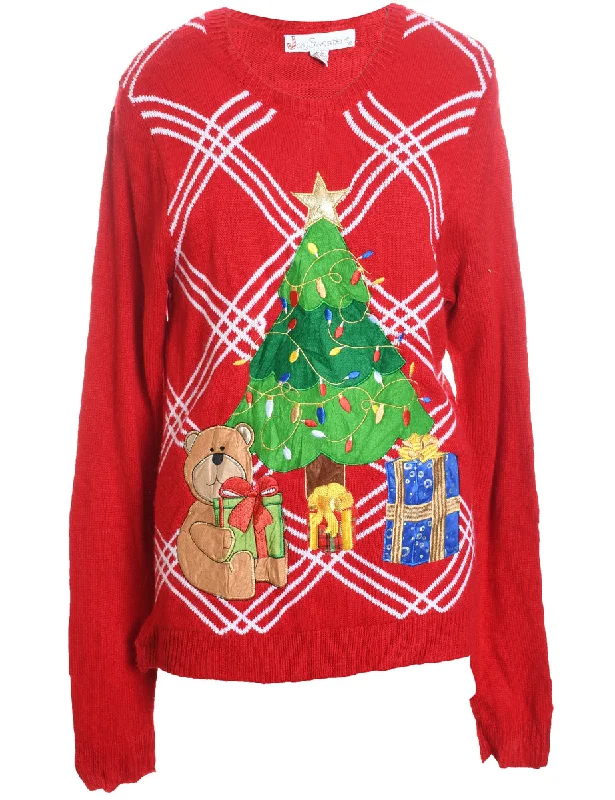 breathable jacketRed Embroidered & Applique Design Christmas Jumper - M