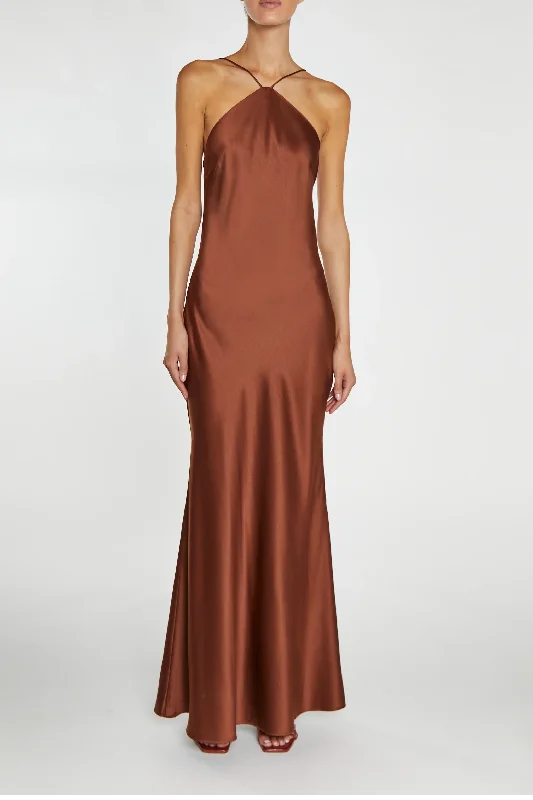 flowy maxi dressHailey Chocolate-Brown Halterneck Cross-Back Maxi Dress