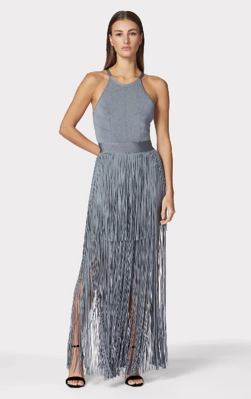 off-shoulder dressSTRAPPY HALTER FRINGE GOWN