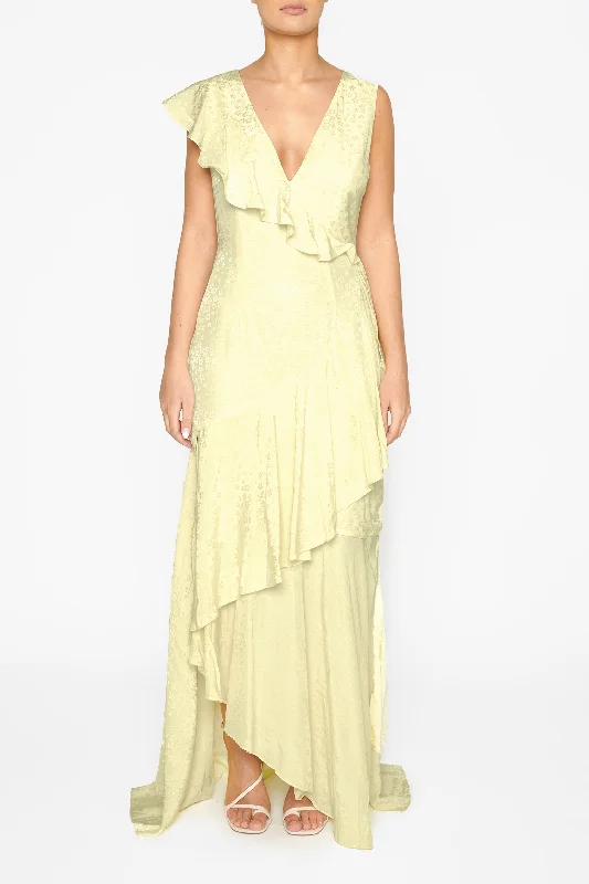 textured dressAbigail Pale-Yellow Ruffle Maxi-Dress