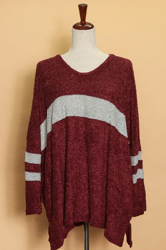 long-sleeve coatFuzzy Wine Color Block Sweater