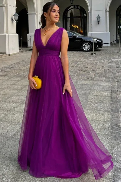 statement dressDark Purple V Neck A-Line Tulle Long Formal Party Dress, DP3387