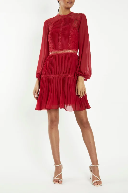 party-ready dressLena Crimson-Red Lace Pleated Mini Dress