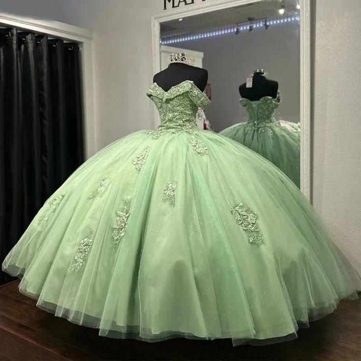 boho dressSage Green Sweet 16 Quinceanera Dresses Applique Lace Prom Gown, DP3307