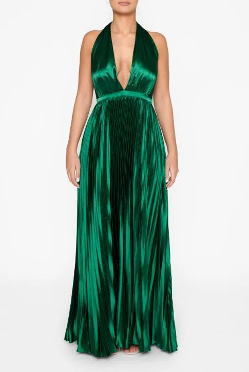 statement dressCelia Emerald-Green Pleated Satin Halterneck Maxi-Dress