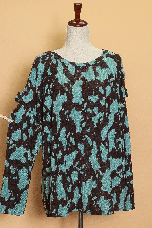 cozy winter coatPlus Turquoise Splotch Print Exposed Shoulder Sweater