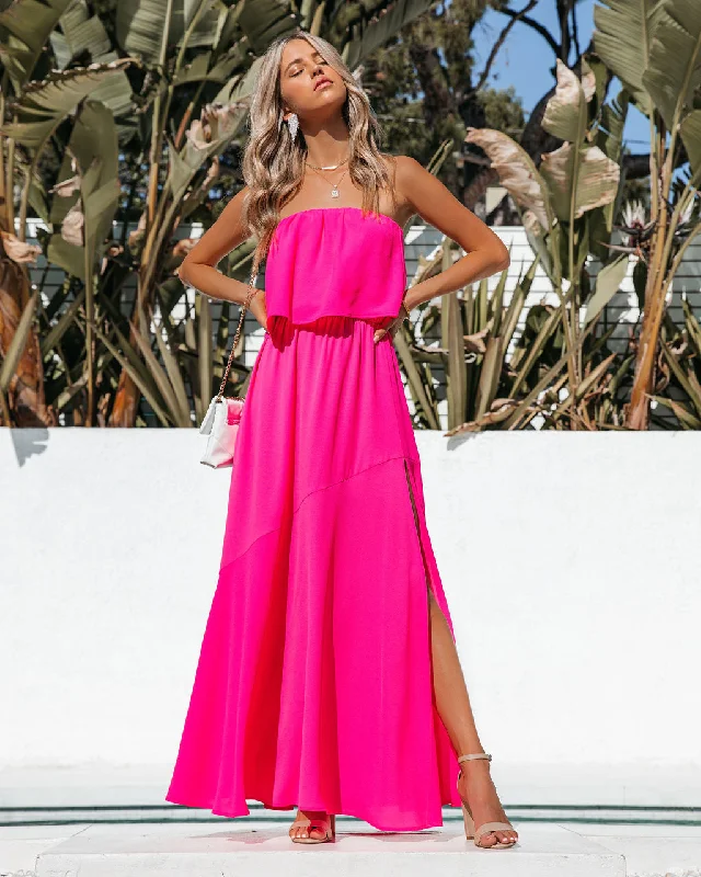 evening dressVivid Strapless Slit Maxi Dress - Hot Pink