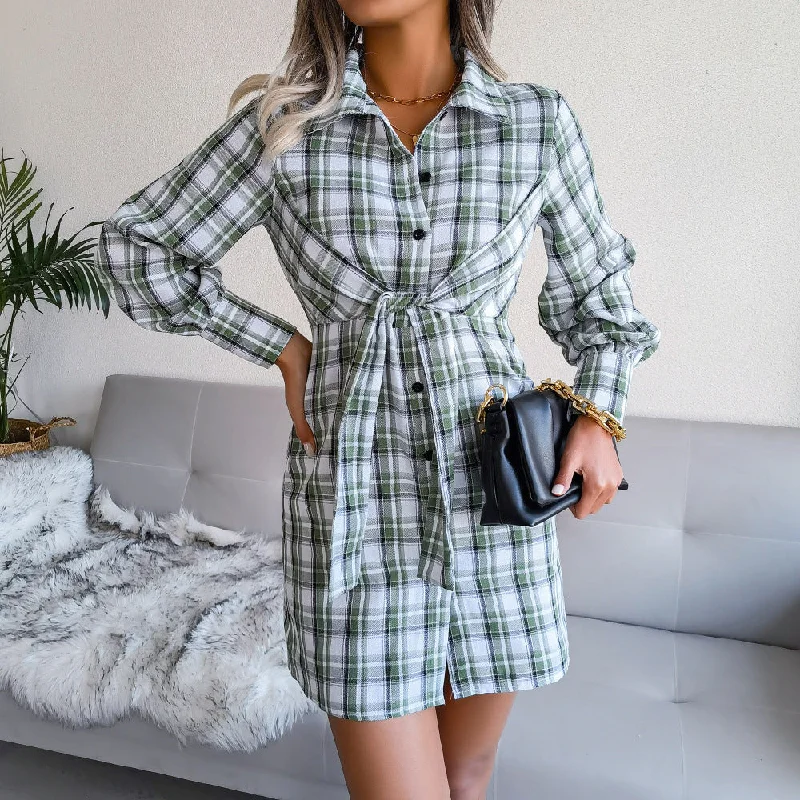 draped dressKlay Cotton Plaid Button Down Shirt Dress - Green