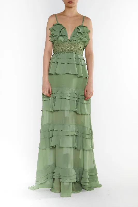 chic wrap dressSophia Sage Green Plunge Front Tiered Ruffle Maxi-Dress