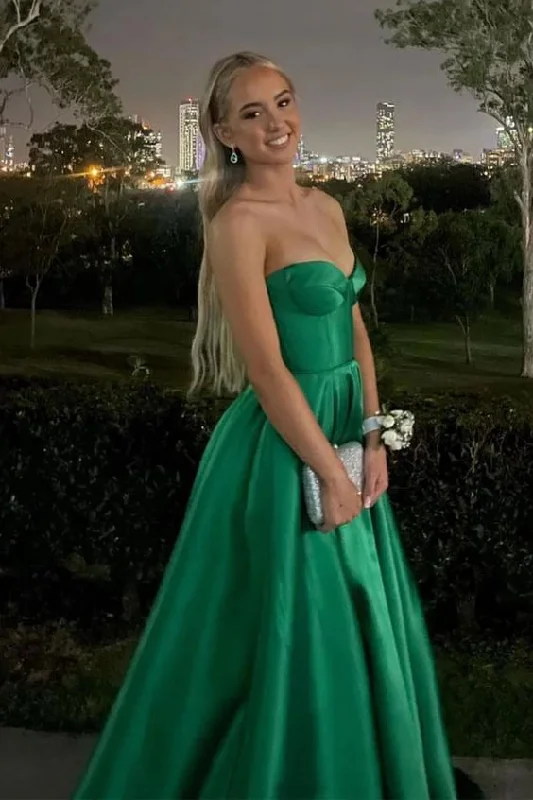 stylish party dressGreen Sweetheart A-Line Satin Long Formal Prom Dress Evening Gown, DP3500