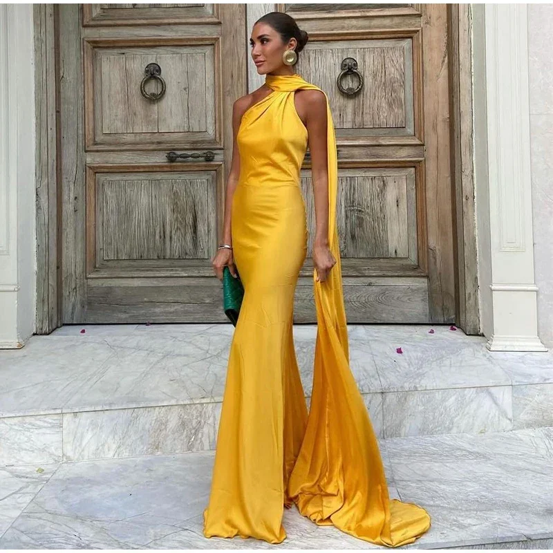 vintage-inspired dressYellow Halter Backless Mermaid Satin Long Formal Dress Evening Gown, DP3583