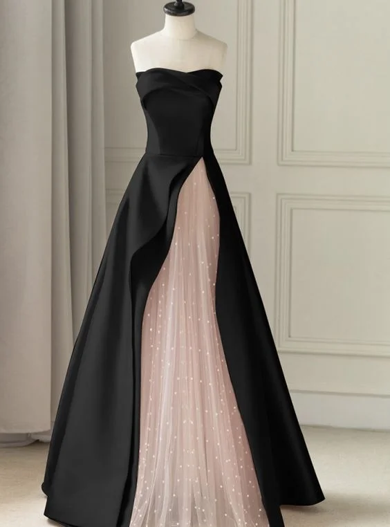 velvet dressBlack Strapless Satin Tulle A-Line Long Formal Prom Dress, DP2818