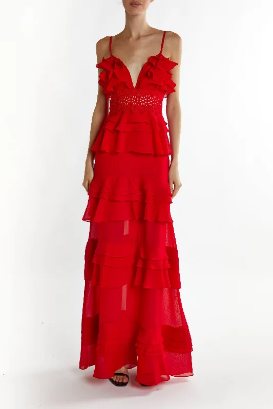 elegant evening dressSophia Red Plunge Front Tiered Ruffle Maxi-Dress