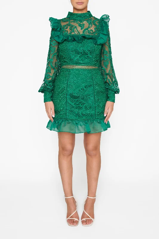 sleeveless dressLorene Emerald Green Lace Long-Sleeve Mini-Dress