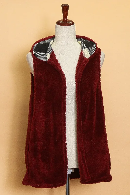 elegant coatRed Faux Fur Plaid Hooded Vest