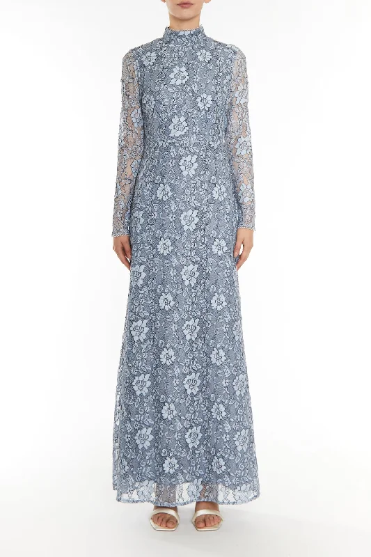 wrap dressJane Blue-Black Lace High-Neck Trim Maxi Dress