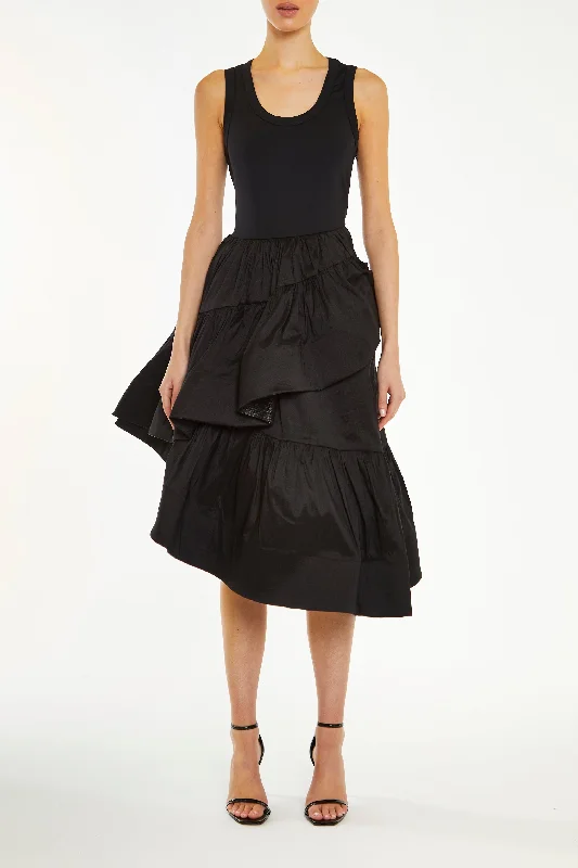 chic dressJordynn Black Asymmetric Ruffle Midi Dress