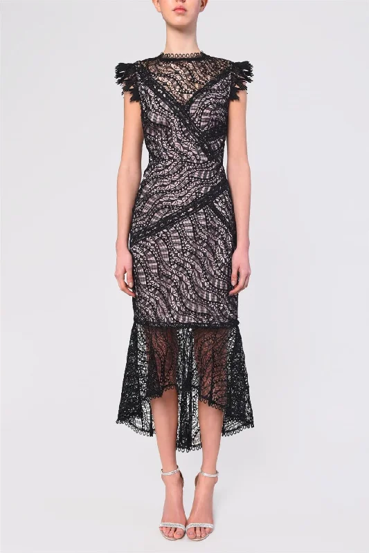 knit dressMichelle Black Lace Panelled Lace Hi-Low Dress