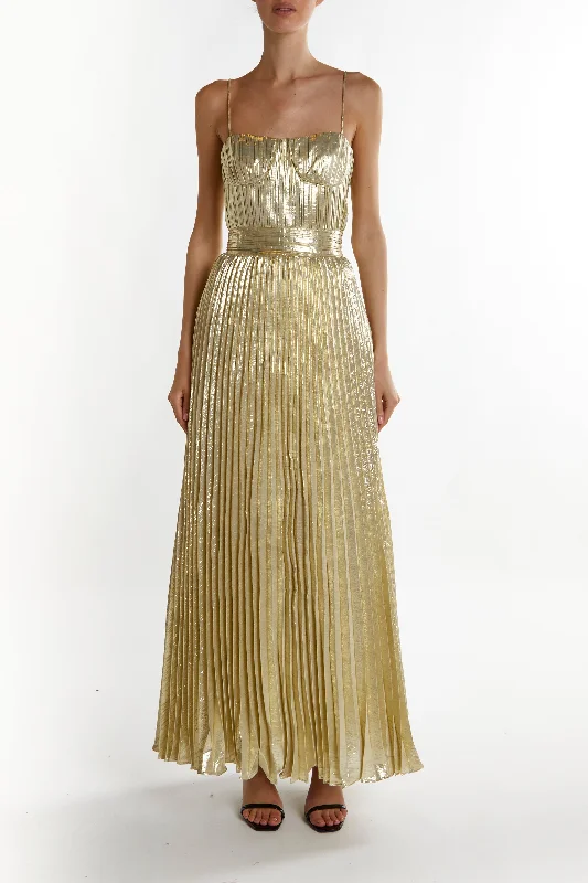 sophisticated dressKate Light-Gold Crinkle Pleated Strappy Maxi Dress