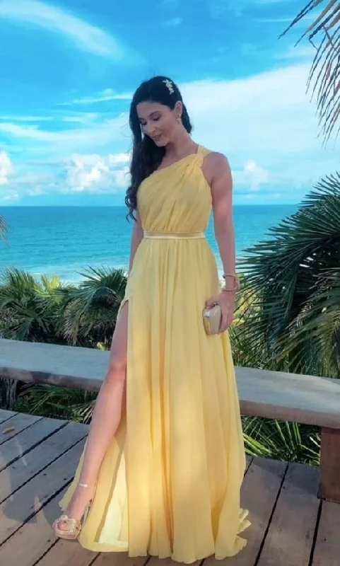 satin dressYellow One Shoulder Wedding Guest Dress Chiffon A-Line Long Formal Dress, DP3304