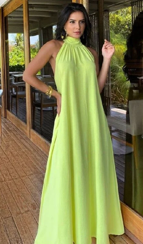 structured dressGreen Halter A-Line Long Party Dress Unique Wedding Guest Dress, DP3464