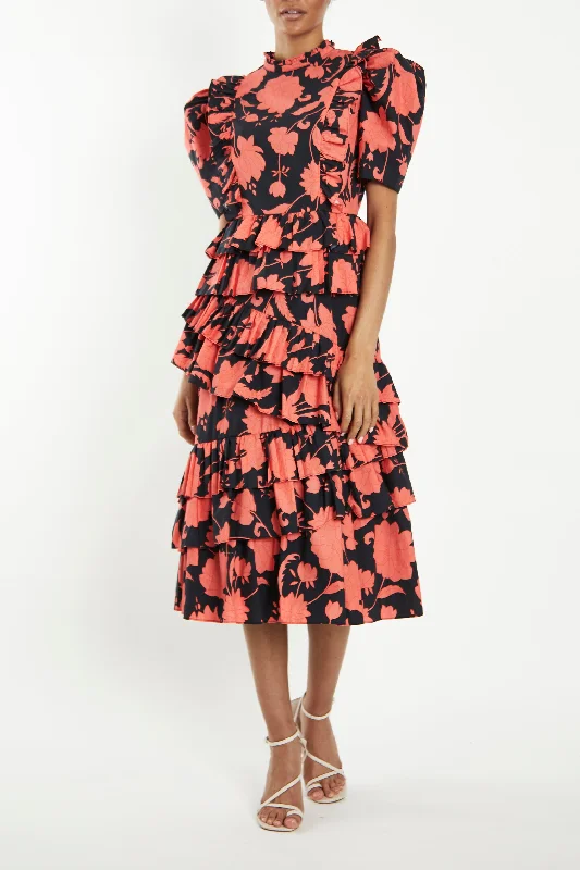 elegant dressDelilah Black-Coral-Flower Puff-Sleeve Midi-Dress