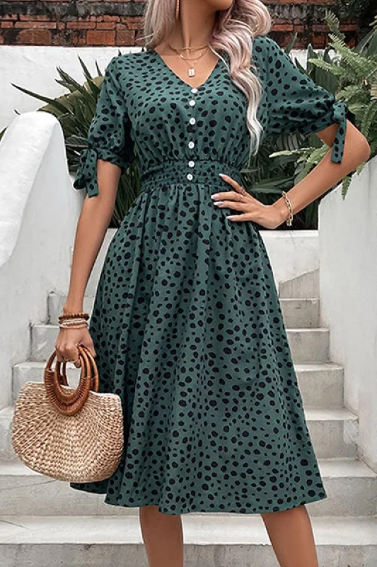 elegant shift dressWOMEN LEOPARD BUTTON NECK TIED SLEEVE MID DRESS