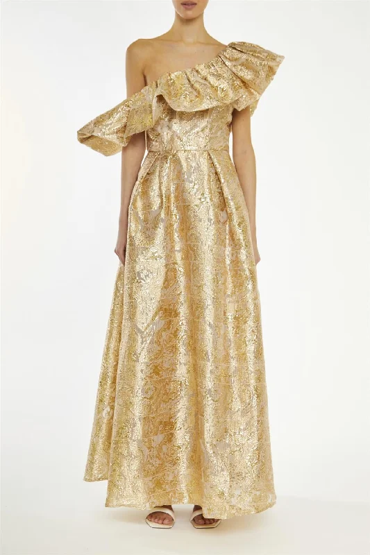 form-fitting dressBlake Gold Translucent-Jacquard Puff One Shoulder Maxi-Dress