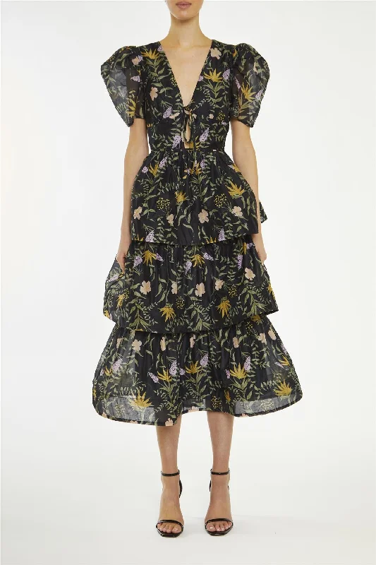 long-sleeve floral dressAriella Black-Stem Nature-Floral Tiered Midaxi-Dress